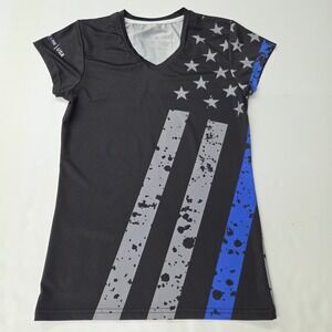 Thin Blue Line USA T-Shirt Women Small Black Blue Distressed Flag V-Neck Tee